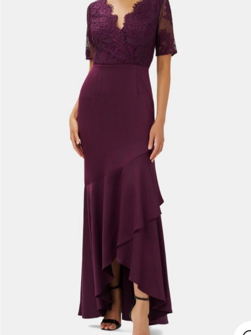 Adrianna Papell Plum Lace V-Neck High-Low Ruffle Gown